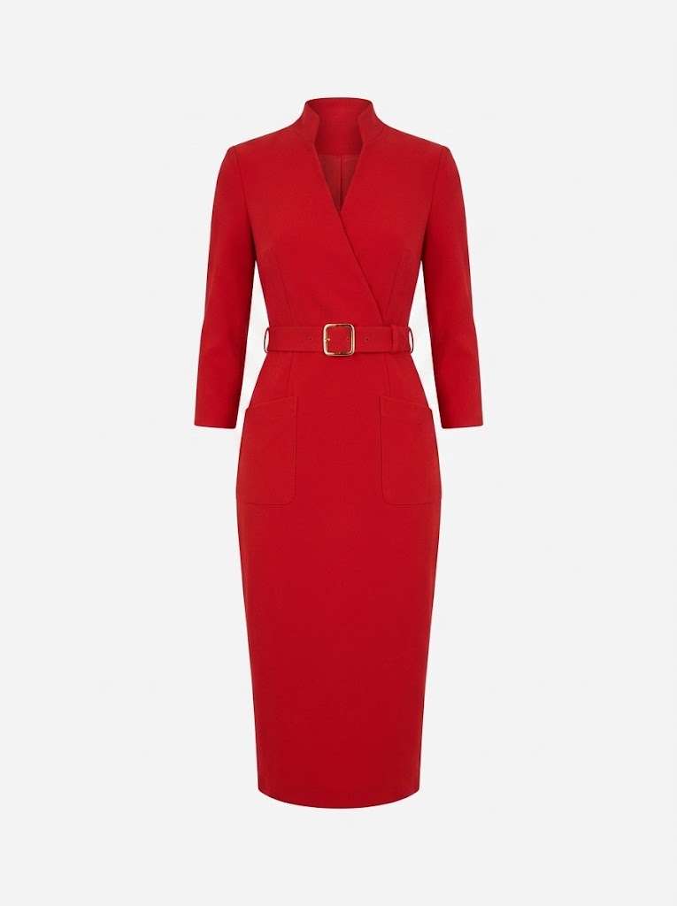 Women’s Belted Sheath Midi Dress – Tailored V-Neck Style for Office and Events