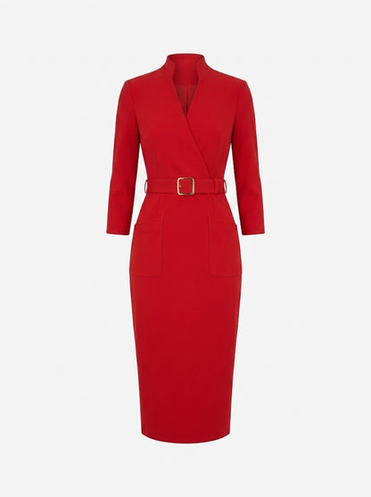 Women’s Belted Sheath Midi Dress – Tailored V-Neck Style for Office and Events