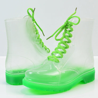 Women’s Transparent Lace-Up Rain Boots – Waterproof PVC Ankle Boots with Non-Slip Sole