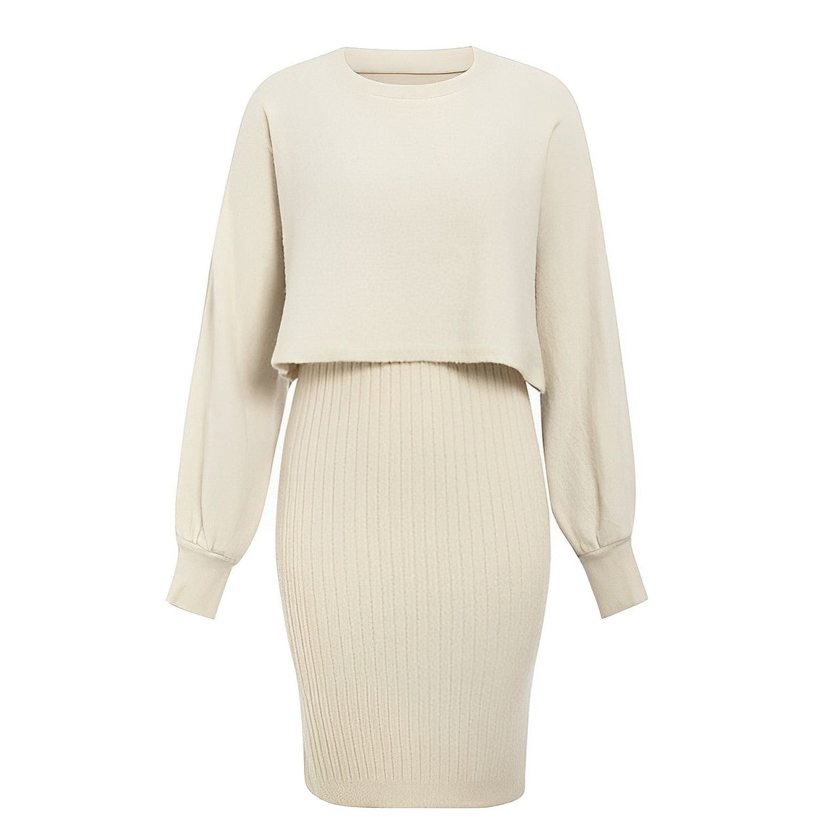 Women’s Lantern-Sleeve Knit Skirt Set – Cropped Crew-Neck Jumper with Ribbed Midi Skirt for Autumn and Winter