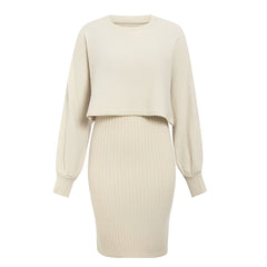 Women’s Lantern-Sleeve Knit Skirt Set – Cropped Crew-Neck Jumper with Ribbed Midi Skirt for Autumn and Winter