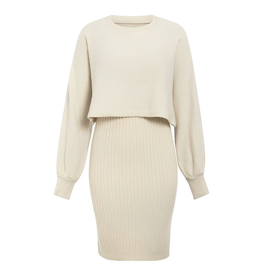 Women’s Lantern-Sleeve Knit Skirt Set – Cropped Crew-Neck Jumper with Ribbed Midi Skirt for Autumn and Winter