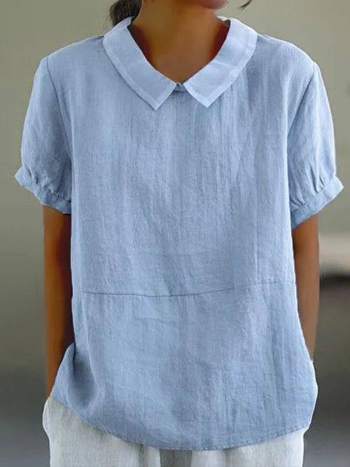 Women’s Cotton-Linen Collared Blouse – Relaxed Short-Sleeve Style for Warm Everyday Wear