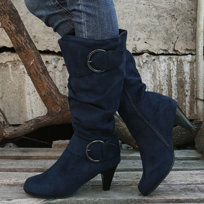 Women's Suede-Look Platform Buckle Knee-High Boots