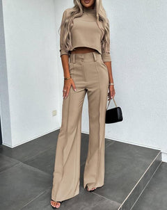 Women’s Cropped Three-Quarter Sleeve Trouser Set – High-Waist Wide-Leg Tailored Co-Ord for Smart Casual Wear