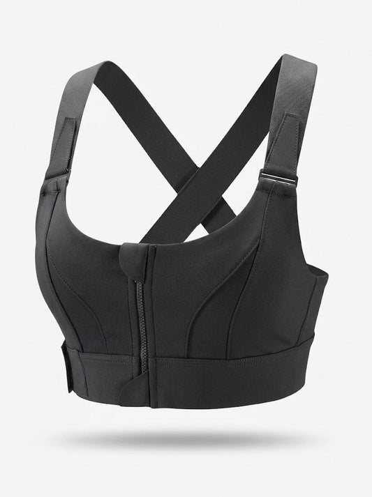 Women’s Front-Zip Sports Bra – Adjustable Cross-Back Support for Training and Yoga