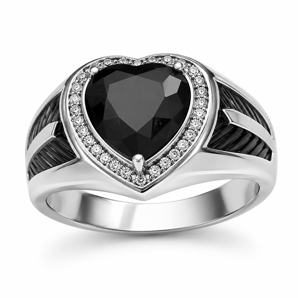 Men's black heart artificial gemstone ring