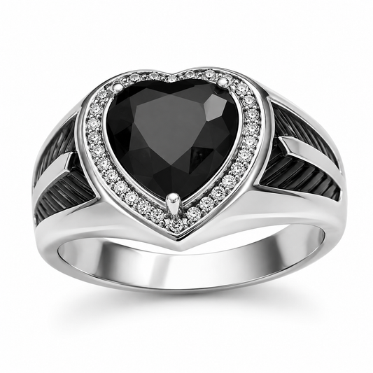 Men's black heart artificial gemstone ring