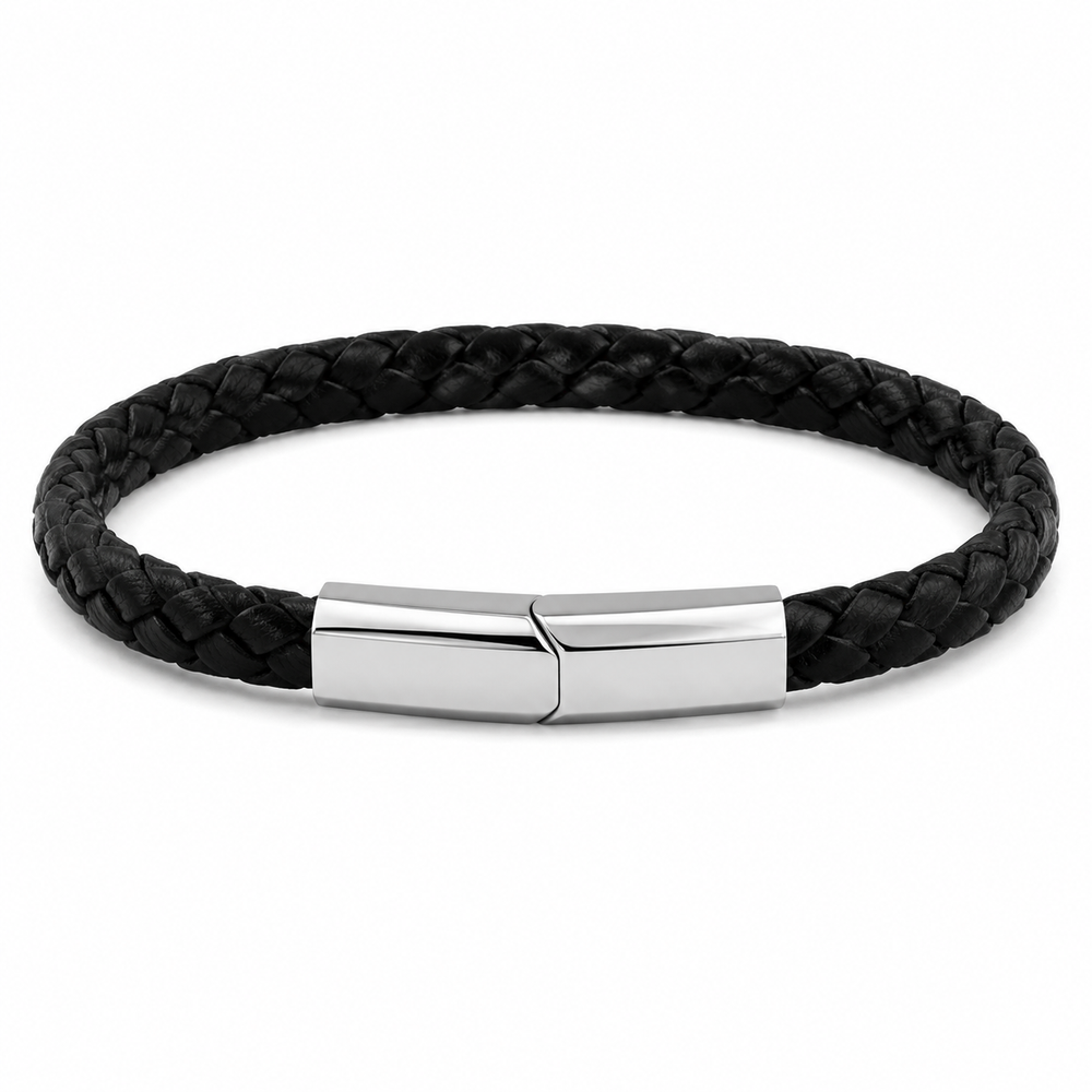 Men's black woven leather bracelet with steel clasp