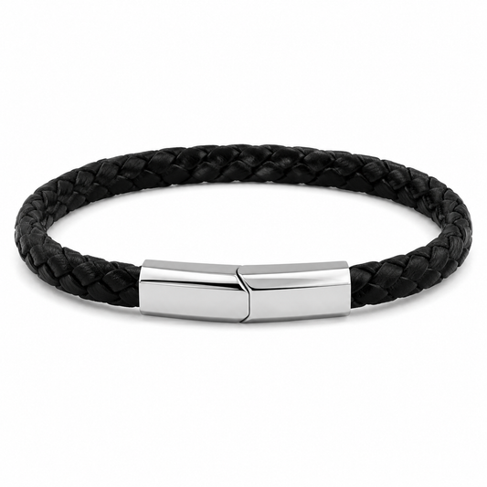 Men's black woven leather bracelet with steel clasp