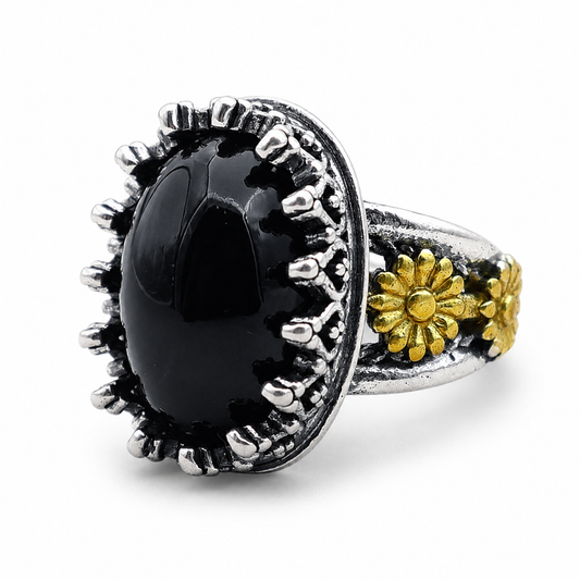 black onyx floral ring on white background