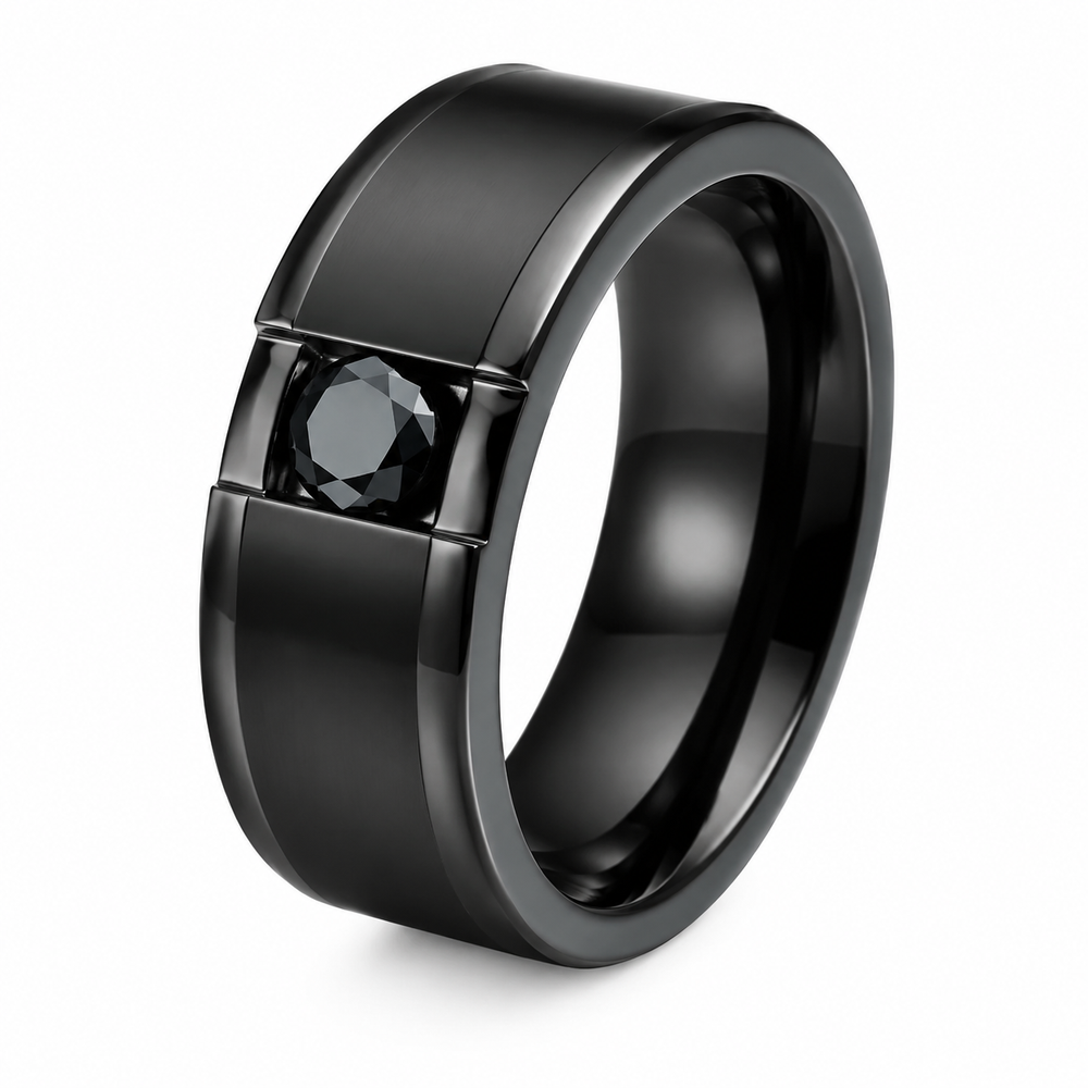 Men's black titanium steel ring with artificial stone