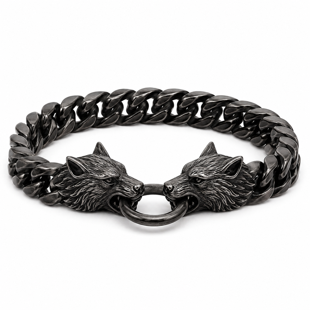 Men's black wolf-head Cuban bracelet on white