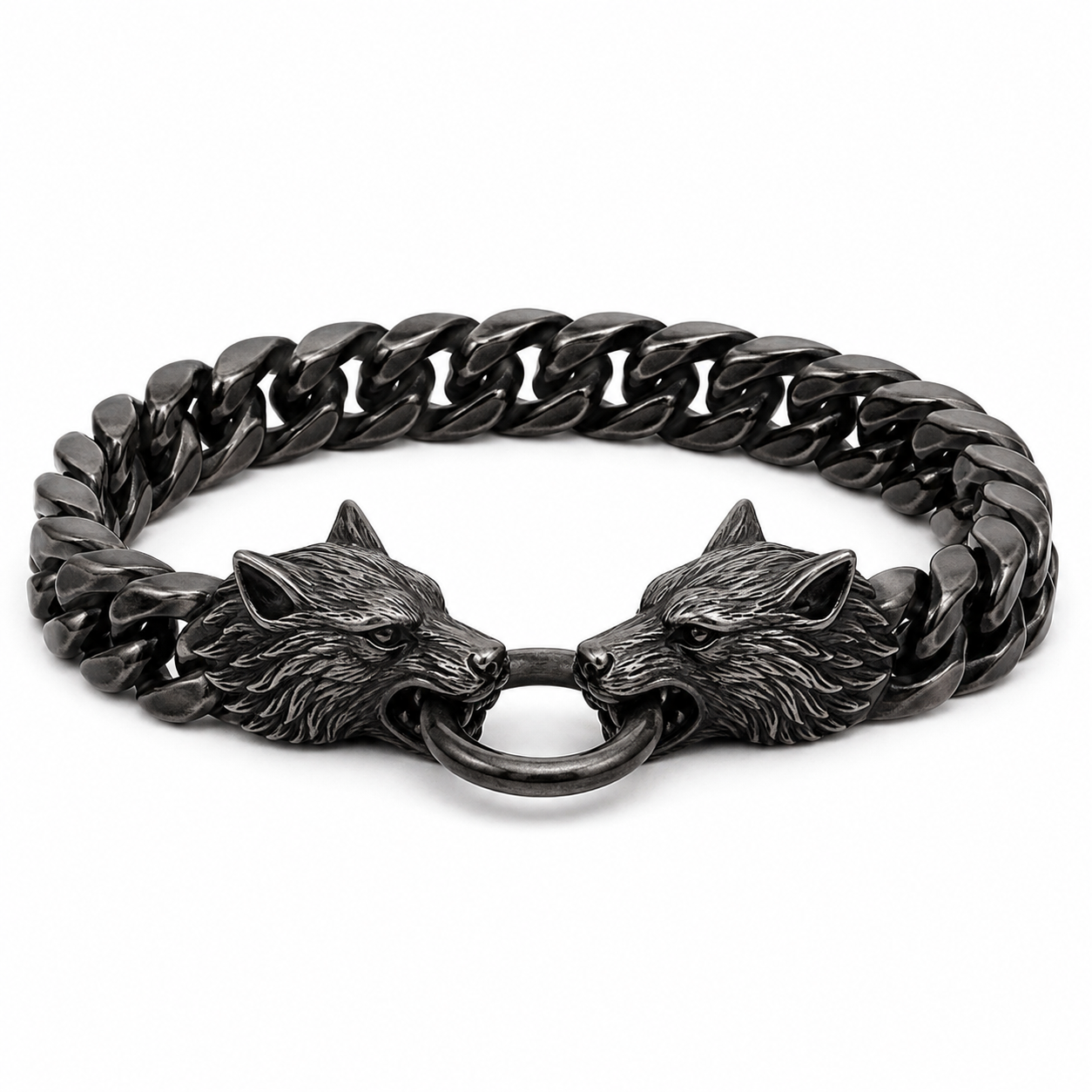 Men's black wolf-head Cuban bracelet on white