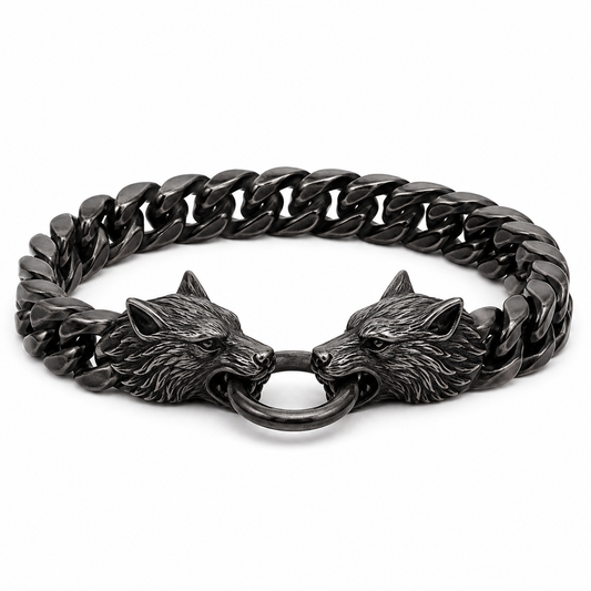 Men's black wolf-head Cuban bracelet on white