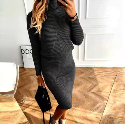 Women’s Directional Rib Knit Skirt Set – V-Neck Long-Sleeve Jumper with Fitted Midi Skirt for Smart Casual Wear