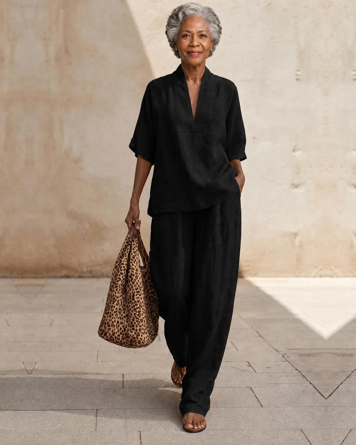 Women’s Two-Piece Set – Short-Sleeve V-Neck Blouse with Wide-Leg Trousers