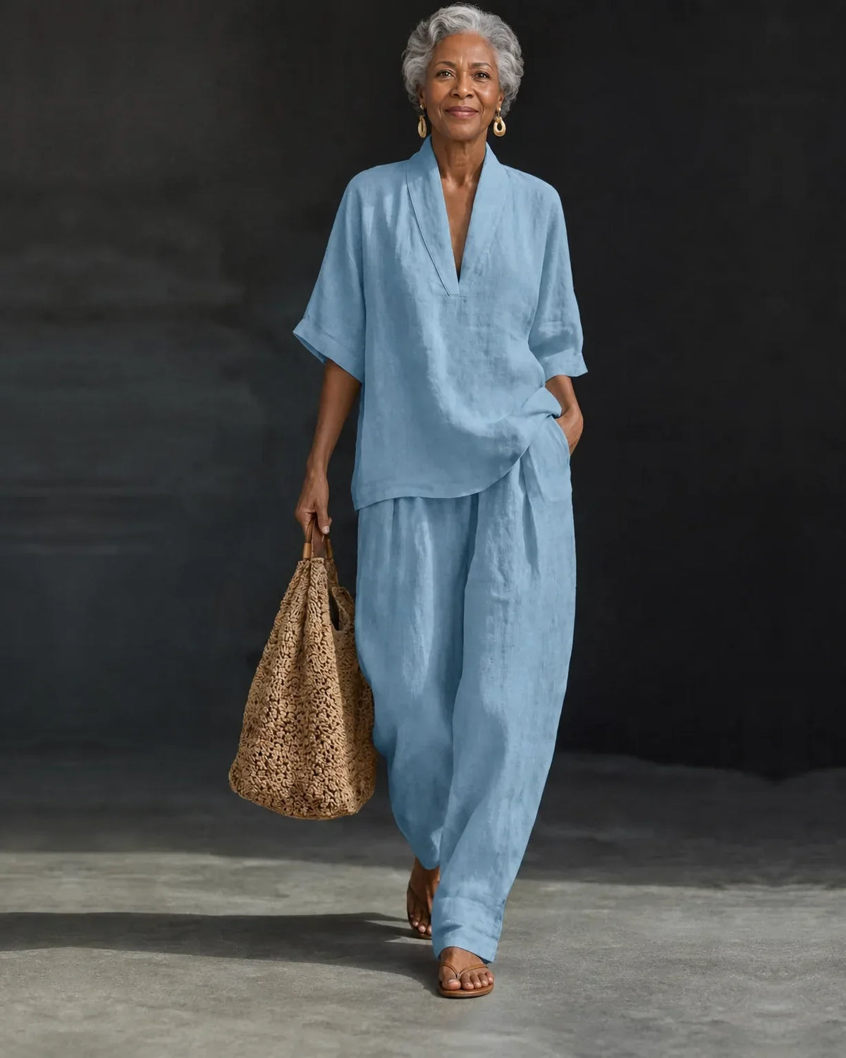 Women’s Two-Piece Set – Short-Sleeve V-Neck Blouse with Wide-Leg Trousers