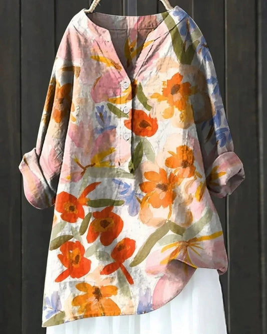 Women’s Printed Patchwork Blouse – Relaxed Long-Sleeve Tunic for Everyday Wear