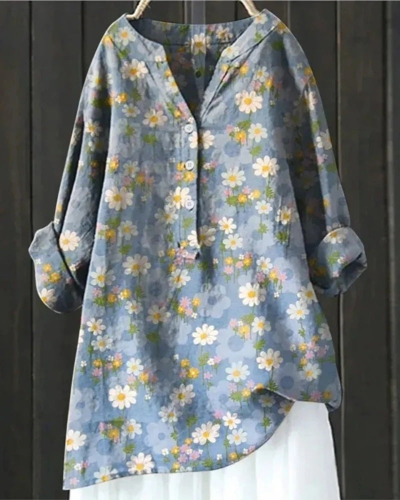 Women’s Printed Patchwork Blouse – Relaxed Long-Sleeve Tunic for Everyday Wear