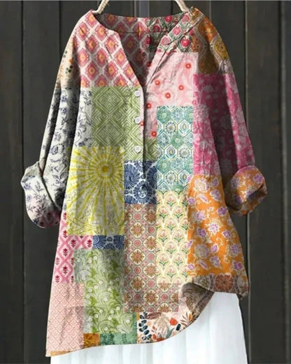 Women’s Printed Patchwork Blouse – Relaxed Long-Sleeve Tunic for Everyday Wear