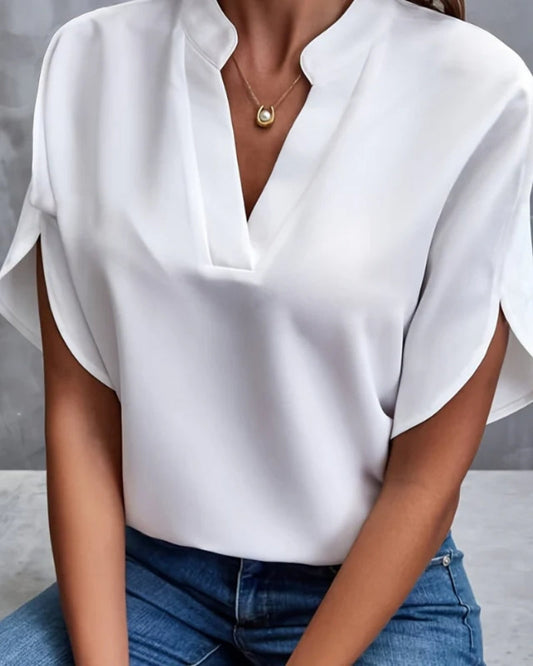 Women’s Split-Sleeve Blouse – Relaxed Notch-Neck Top for Smart Casual Wear