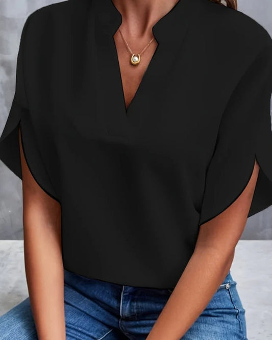 Women’s Split-Sleeve Blouse – Relaxed Notch-Neck Top for Smart Casual Wear
