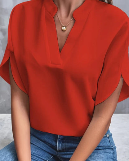 Women’s Split-Sleeve Blouse – Relaxed Notch-Neck Top for Smart Casual Wear