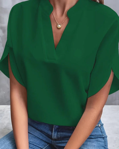 Women’s Split-Sleeve Blouse – Relaxed Notch-Neck Top for Smart Casual Wear