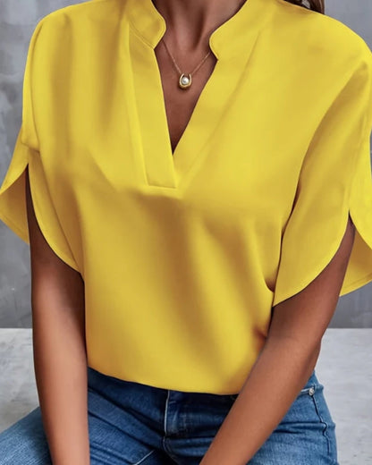 Women’s Split-Sleeve Blouse – Relaxed Notch-Neck Top for Smart Casual Wear