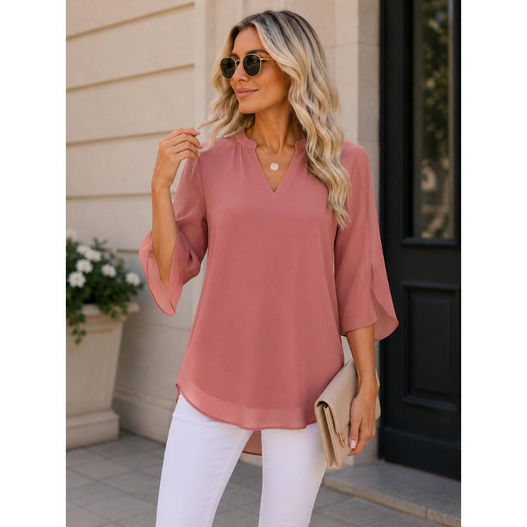 Women’s Split-Sleeve Blouse – Relaxed V-Neck Top for Office and Everyday Wear