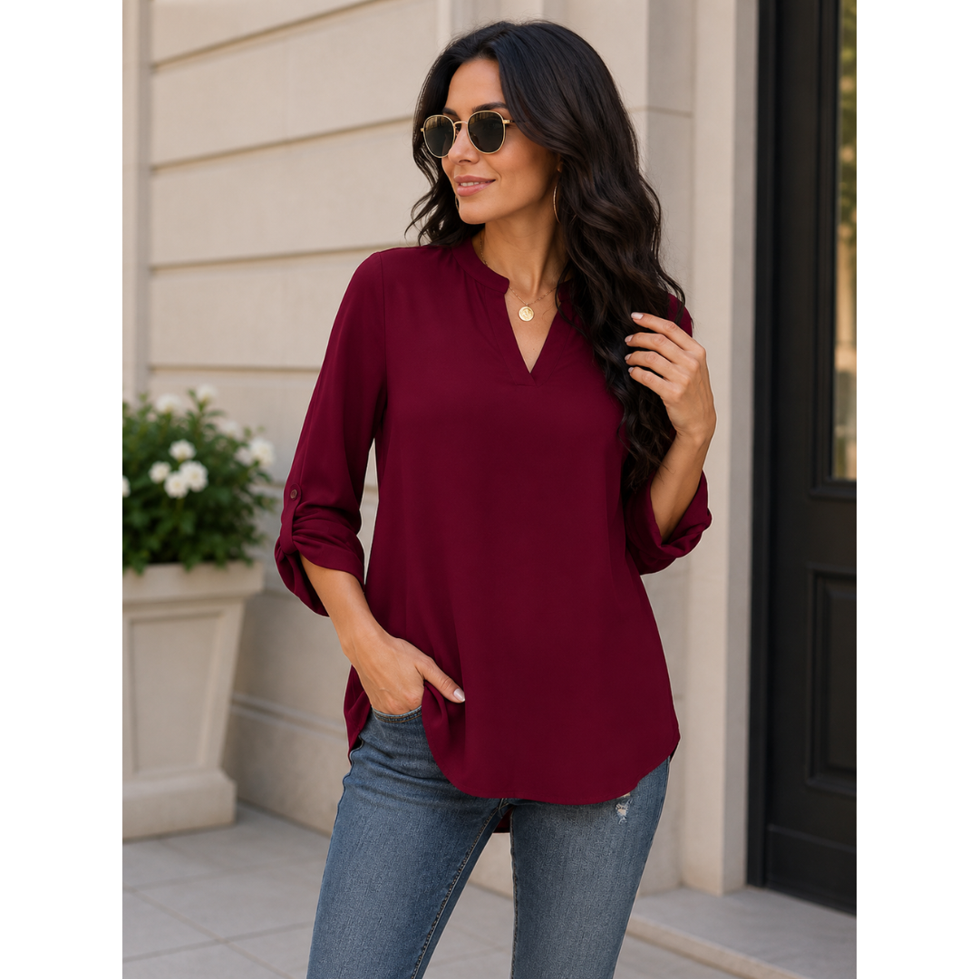 Women’s Split-Sleeve Blouse – Relaxed V-Neck Top for Office and Everyday Wear
