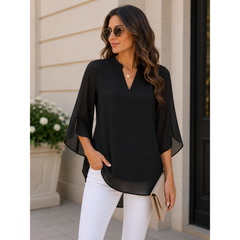 Women’s Split-Sleeve Blouse – Relaxed V-Neck Top for Office and Everyday Wear