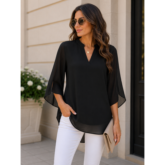 Women’s Split-Sleeve Blouse – Relaxed V-Neck Top for Office and Everyday Wear