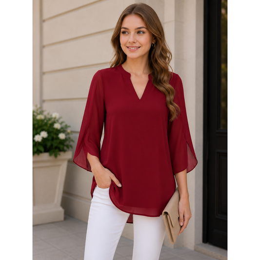 Women’s Split-Sleeve Blouse – Relaxed V-Neck Top for Office and Everyday Wear