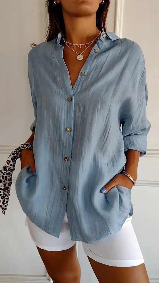 Women’s Crinkle Button-Up Shirt – Relaxed Roll-Sleeve Style for Summer and Travel