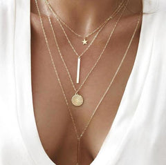 Women’s Boho Layered Star Necklace – Multi-Strand Pendant Chain with Bar Coin and Drop Details for Festival and Everyday Wear
