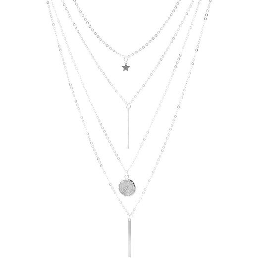 Women’s Boho Layered Star Necklace – Multi-Strand Pendant Chain with Bar Coin and Drop Details for Festival and Everyday Wear