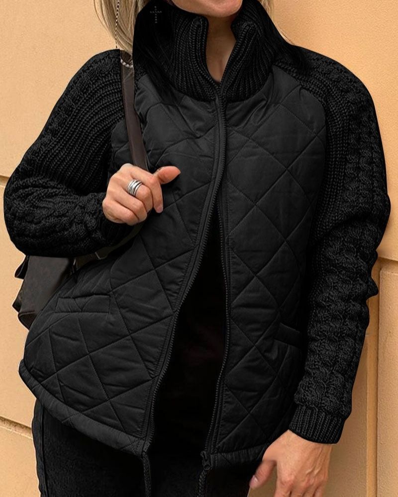 Women’s Quilted Jacket – Diamond-Quilted Jacket with Cable-Knit Sleeves