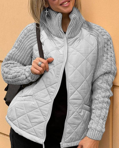 Women’s Quilted Jacket – Diamond-Quilted Jacket with Cable-Knit Sleeves