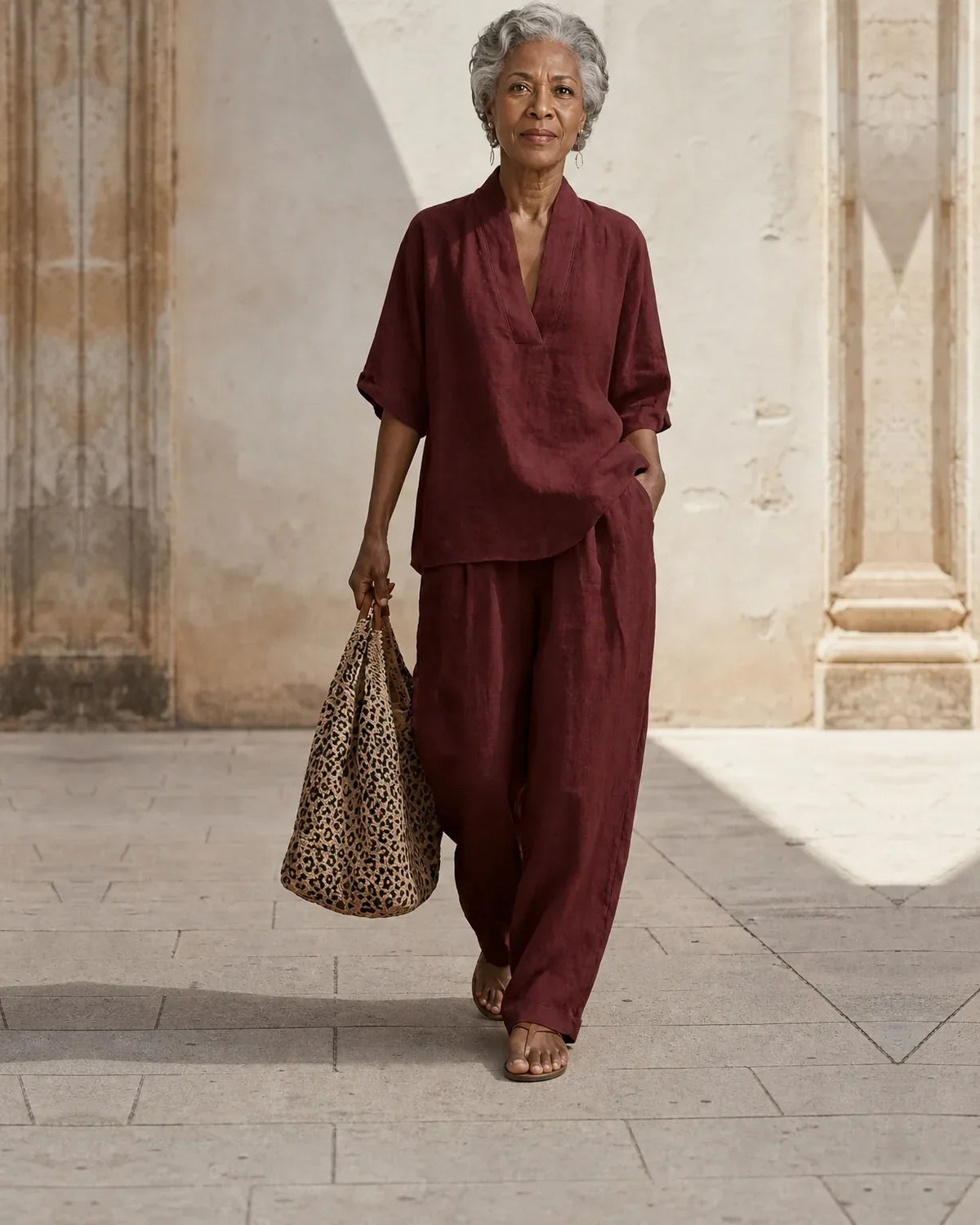 Women’s Two-Piece Set – Short-Sleeve V-Neck Blouse with Wide-Leg Trousers