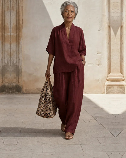 Women’s Two-Piece Set – Short-Sleeve V-Neck Blouse with Wide-Leg Trousers