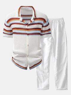 Men’s Open-Knit Button Shirt with Linen Blend Trousers – Breathable Summer Set