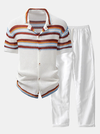 Men’s Open-Knit Button Shirt with Linen Blend Trousers – Breathable Summer Set