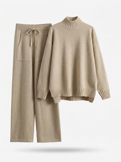 Women’s Mock-Neck Knit Co-Ord Set – Drawstring Wide-Leg Trousers for Autumn and Winter Leisurewear