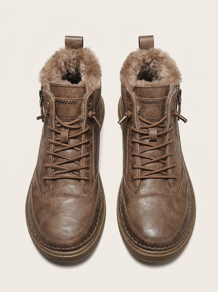 Men’s Fur-Lined Leather Ankle Boots – Lace-Up Platform Winter Boots for Everyday Wear