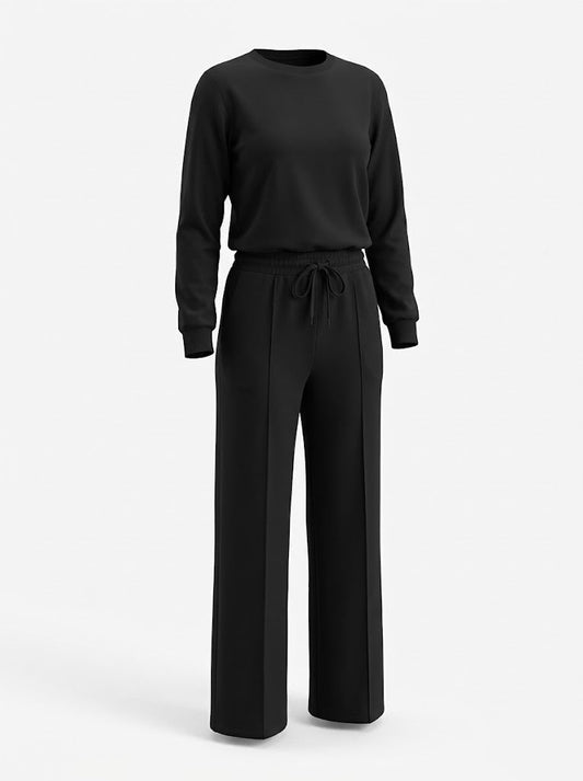 Women’s Drawstring Trouser Co-Ord Set – Relaxed Long-Sleeve Top with Wide-Leg Trousers for Smart Casual Wear