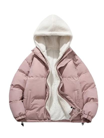 Women’s Sherpa-Lined Puffer Jacket – Cosy Hooded Winter Outerwear with Zip Front and Adjustable Hem
