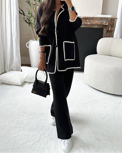 Women’s Contrast-Trim Cardigan Set – Relaxed Button-Front Jacket with Wide-Leg Trousers for Autumn Wear