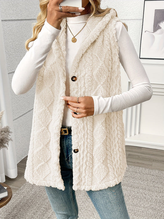 Women’s Long Knitted Waistcoat – Hooded with Button Front